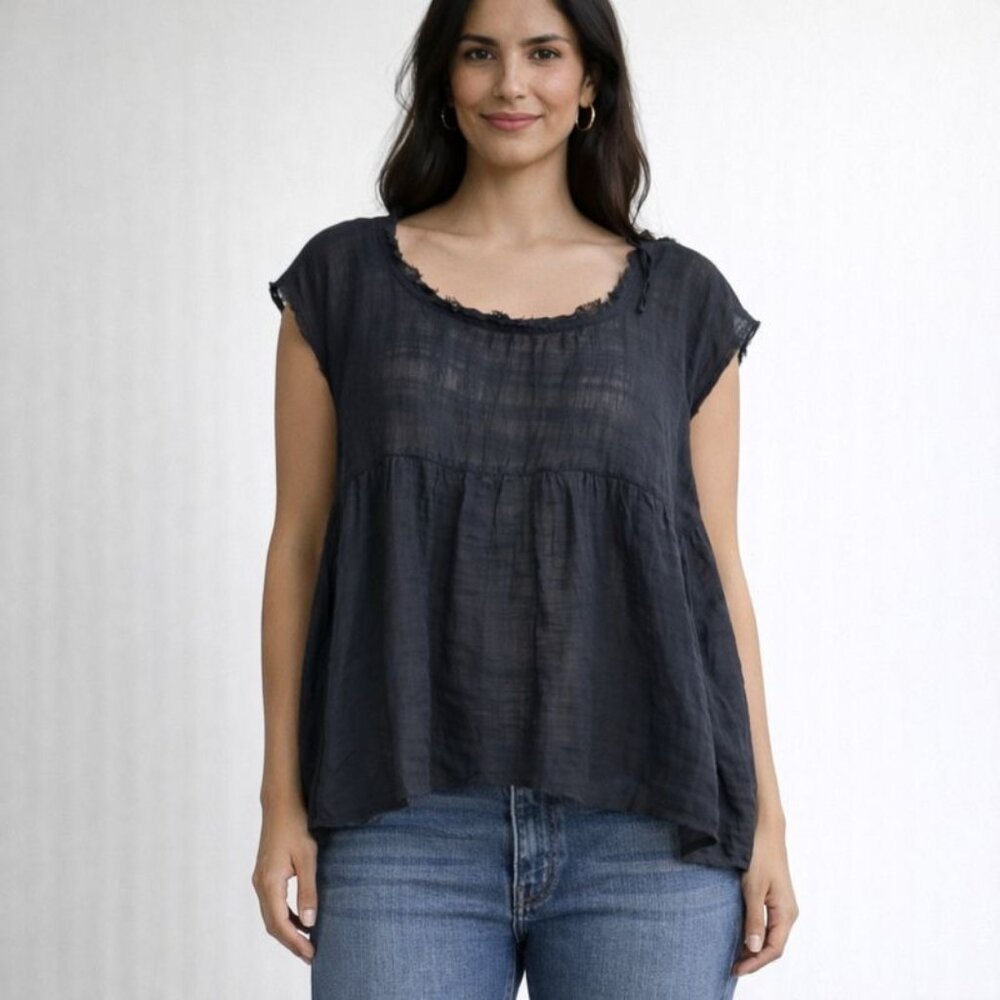 Free People Boho oversized a line tank shirt size XS black semi sheer pockets ti